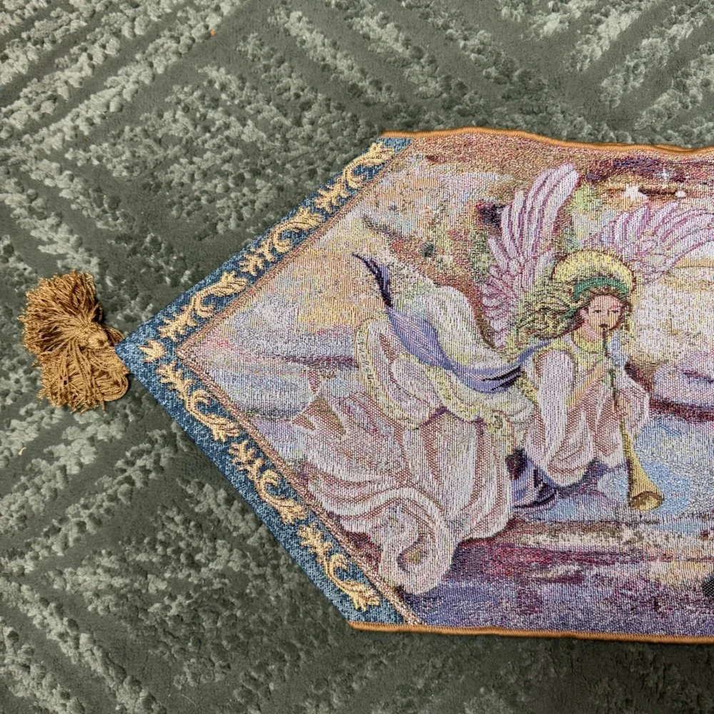 Lena Liu Angels Woven Tapestry Table Runner Tassels Glitter Whimsigoth Vintage